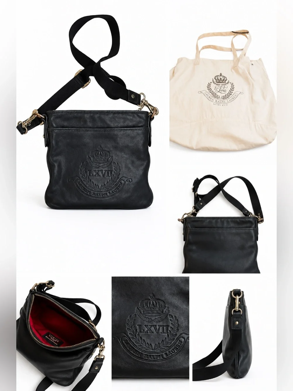 Lauren Ralph Lauren LXVII Embossed Leather Messenger Crossbody Bag Black